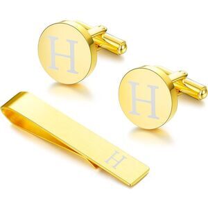 H Initial Cufflinks and Tie Clip Set for Men